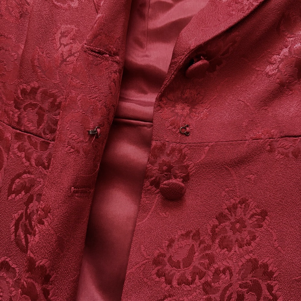 Moda International VTG 90s burgundy red floral long duster blazer size 8 - Picture 4 of 14